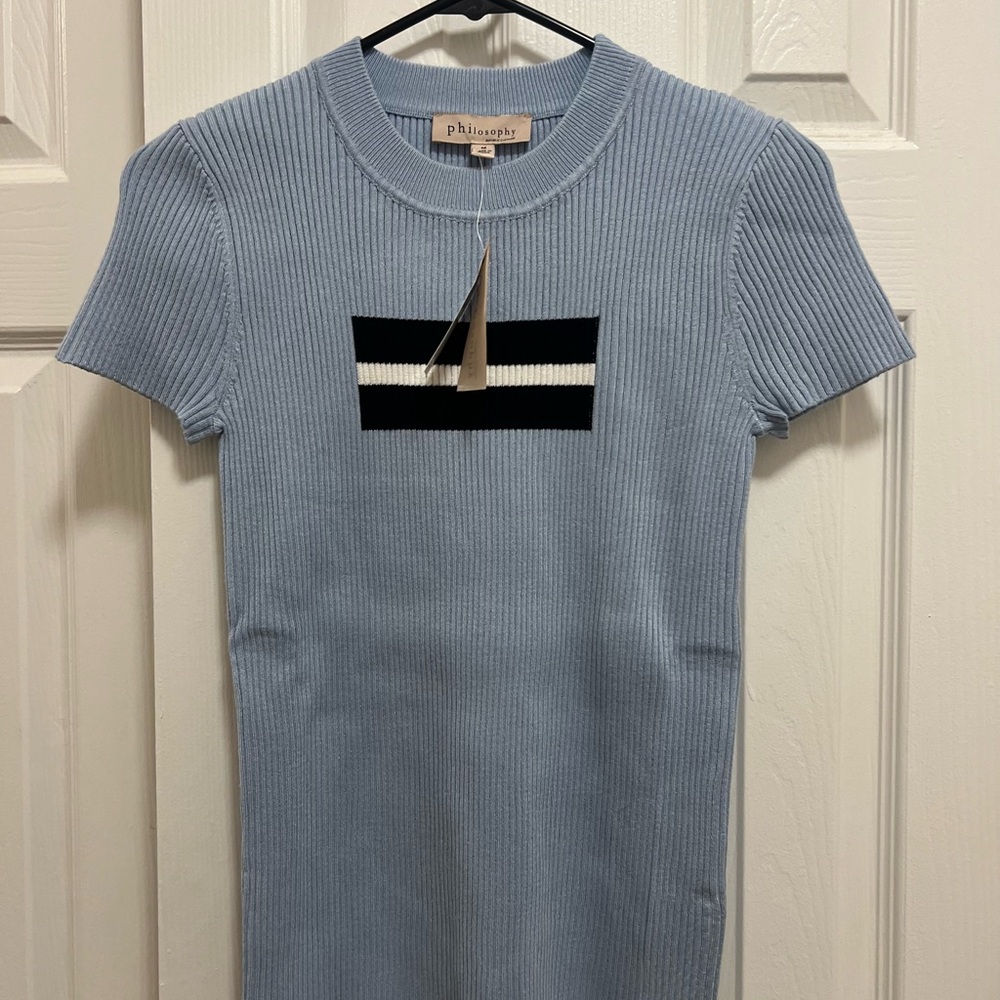 Philosophy Light Blue Ribbed Tee with Black and White Stripe